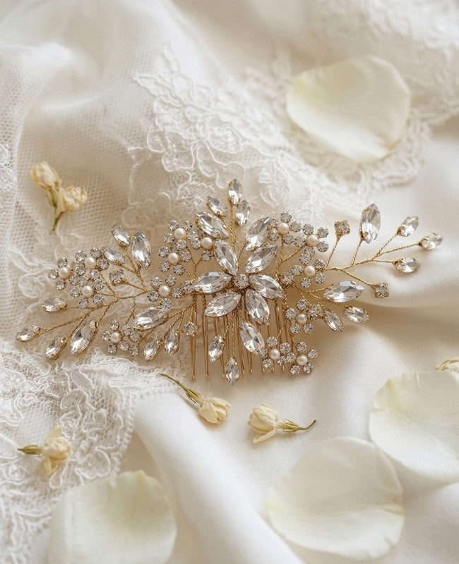 Peineta de novia Floral Dorado n°3 Mujer «Élise»