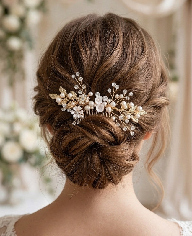 Peineta de novia Florida Dorado n°6 Mujer «Élise»